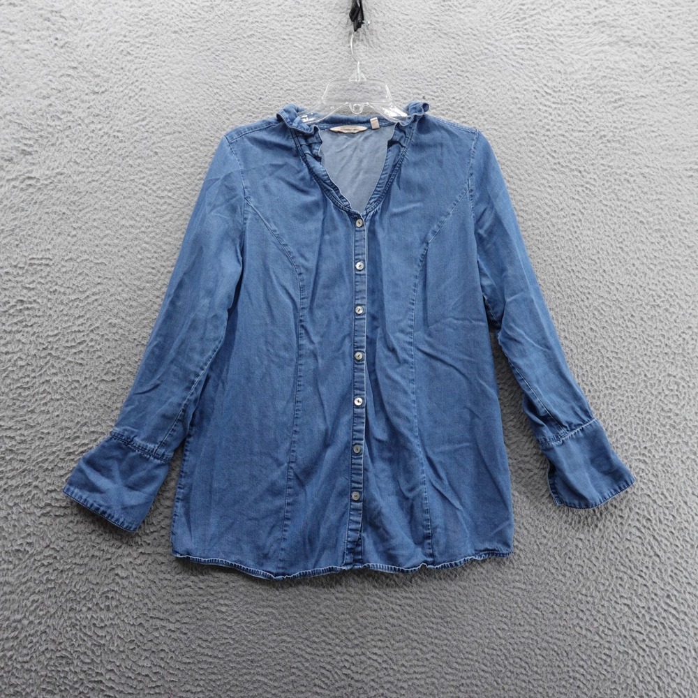 Soft Surroundings‎ Button Front Chambray Top Small Blue Womens Flare Sleeve